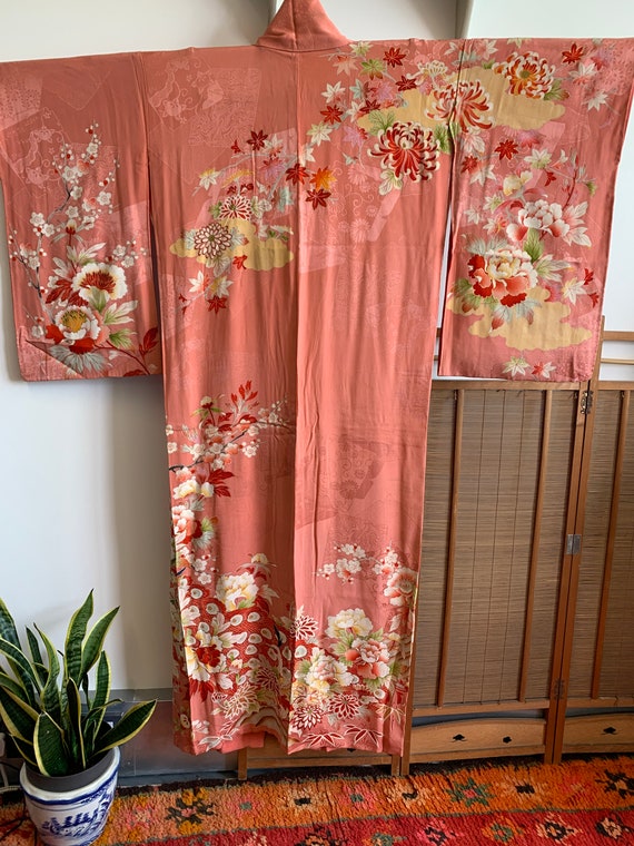 Vintage Pink Silk Jumon Kimono | Peacocks, Peonie… - image 3