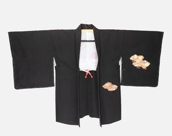 Vintage Black Haori (Kimono Jacket) with Orange clouds