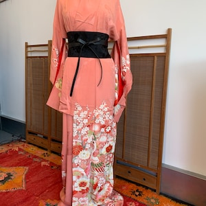 Vintage Pink Silk Jumon Kimono | Peacocks, Peonies, Chrysanthemums, and Plum Blossom | With Gold Embroidery