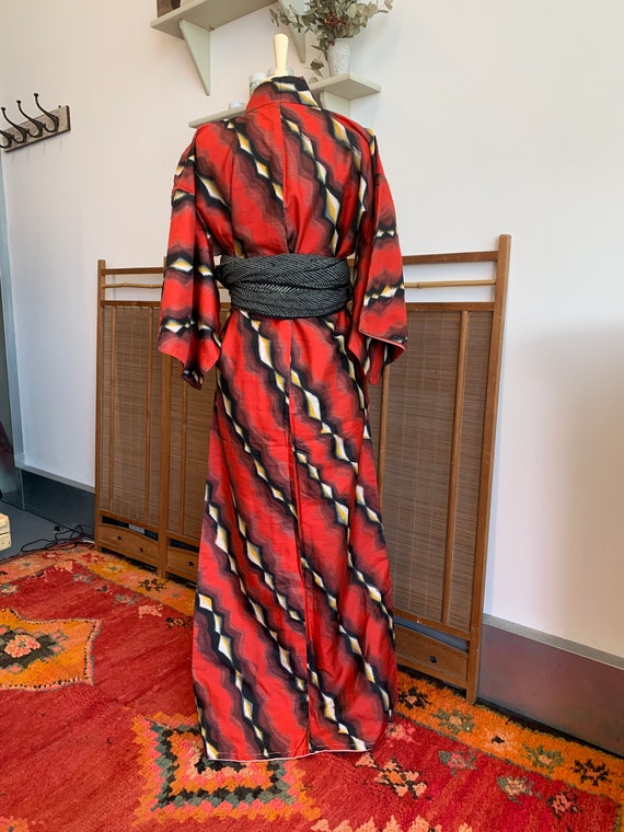 Red Meisen Kimono with Black and Yellow Stripes |… - image 5