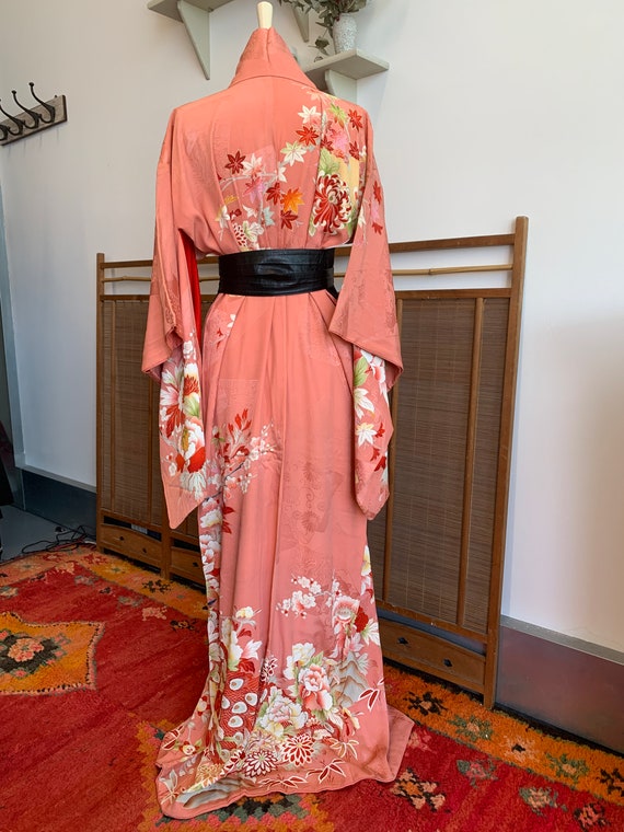 Vintage Pink Silk Jumon Kimono | Peacocks, Peonie… - image 5