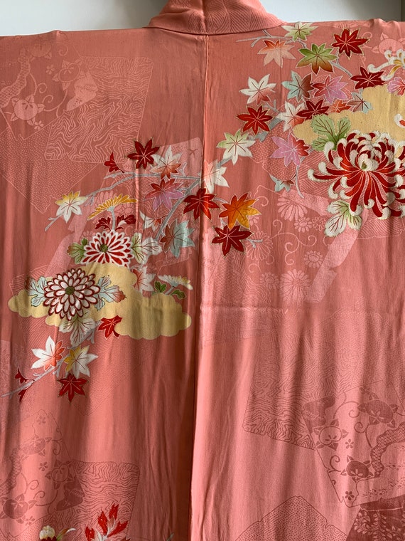 Vintage Pink Silk Jumon Kimono | Peacocks, Peonie… - image 7