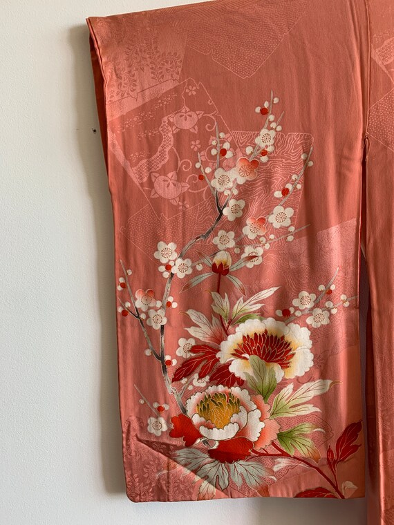 Vintage Pink Silk Jumon Kimono | Peacocks, Peonie… - image 6