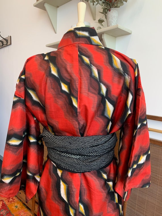 Red Meisen Kimono with Black and Yellow Stripes |… - image 7