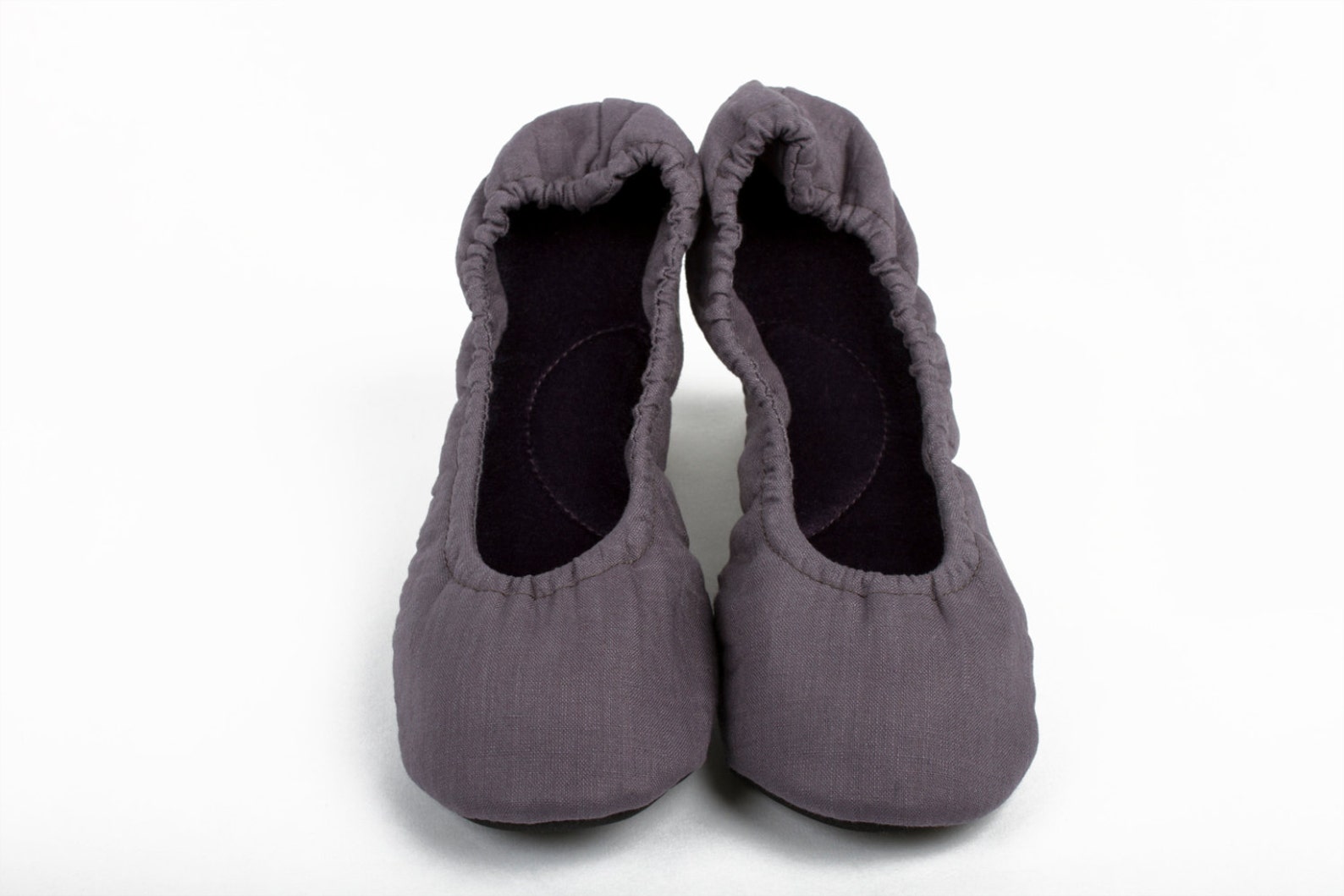 linen travel slippers, linen and velvet ballet slippers, light weight travel slippers, elegant house slippers
