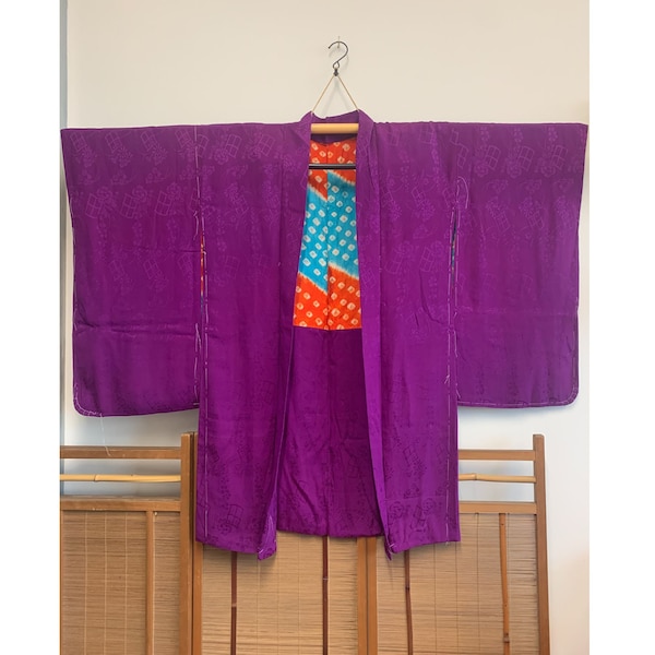 Vintage Purple Jumon Silk Haori Jacket | Japanese Silk Kimono Jacket with Blue and Orange Shibori Lining *Never Worn*
