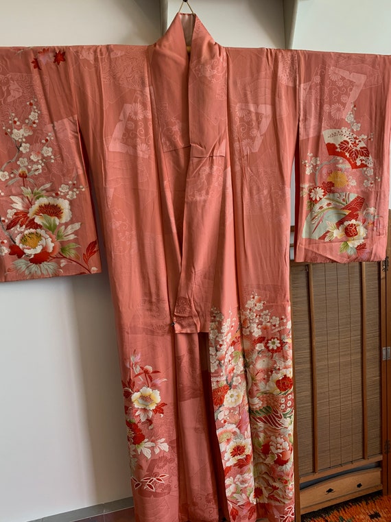 Vintage Pink Silk Jumon Kimono | Peacocks, Peonie… - image 2