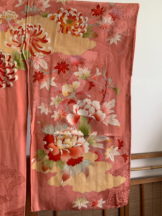 Vintage Pink Silk Jumon Kimono | Peacocks, Peonie… - image 8