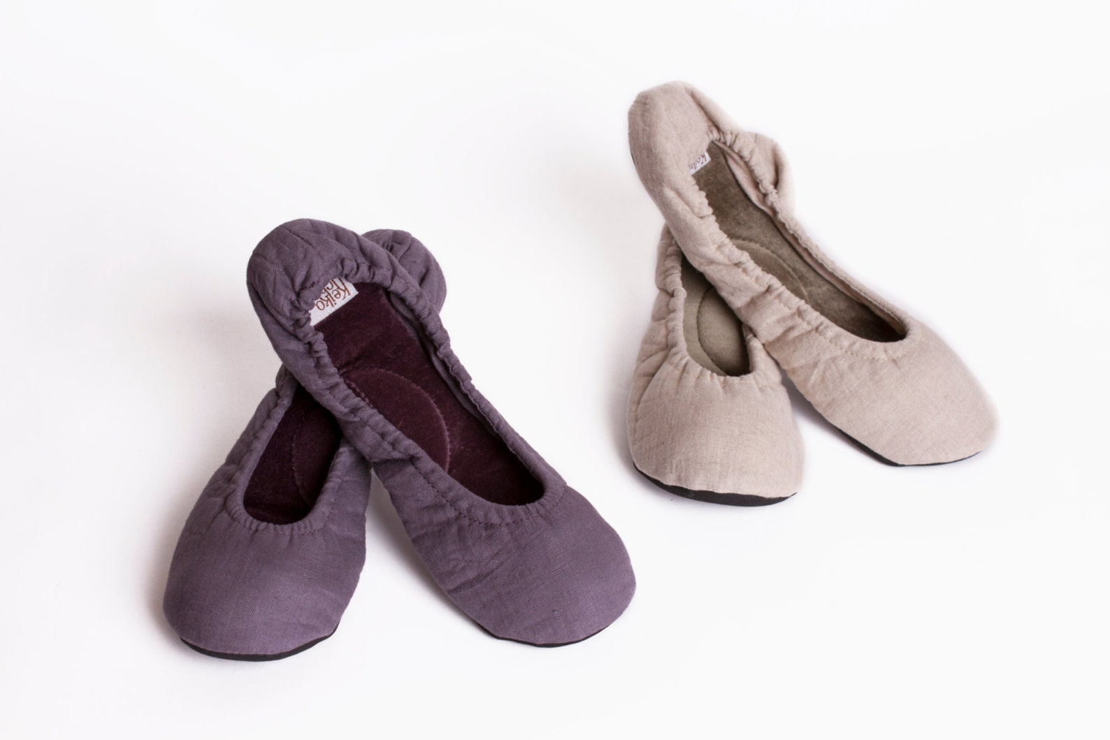 linen travel slippers, linen and velvet ballet slippers, light weight travel slippers, elegant house slippers