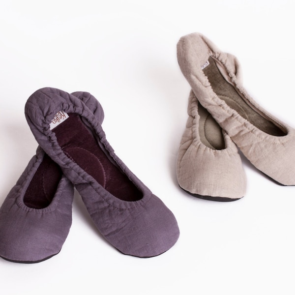 Linen travel slippers, Linen and Velvet ballet slippers, Light weight travel slippers, Elegant house slippers