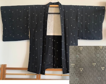 Black Silk Haori Jacket with Woven and Embroidered Clover | Beautiful Vintage Japanese Black Kimono Jacket