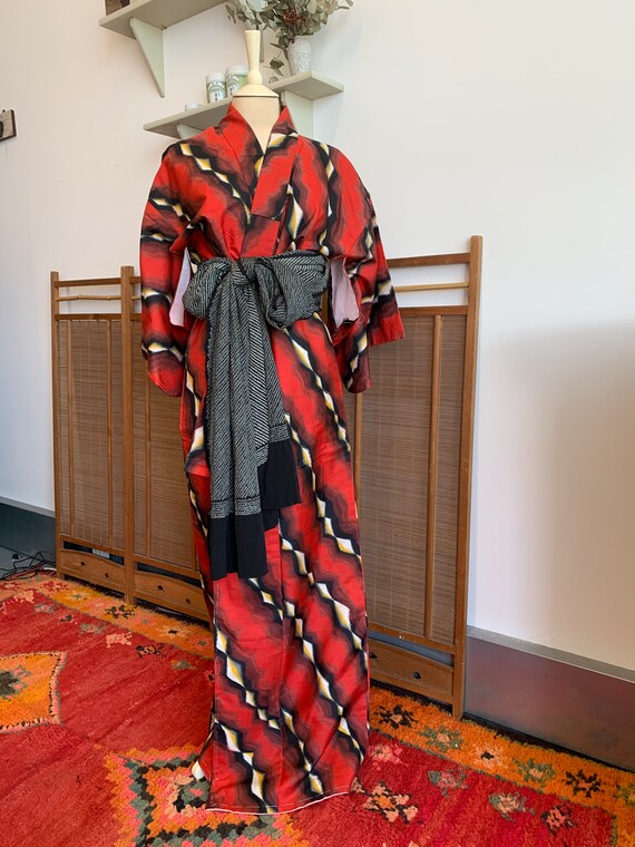 Red Meisen Kimono with Black and Yellow Stripes |… - image 4