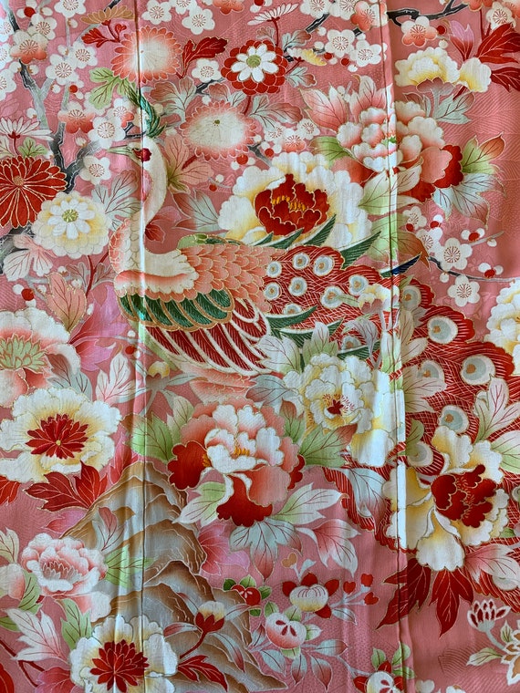 Vintage Pink Silk Jumon Kimono | Peacocks, Peonie… - image 9