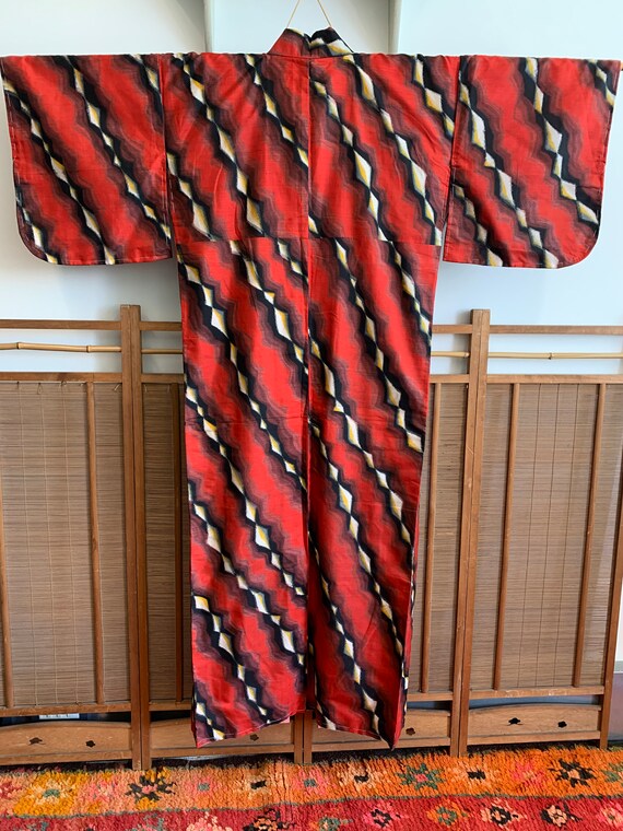 Red Meisen Kimono with Black and Yellow Stripes |… - image 2