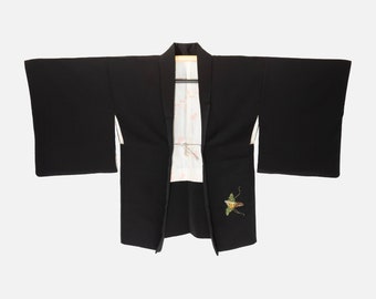 Haori Jacket Vintage(1950-1980) Black Pine Tree Silk #7820L1