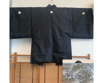 Men's Kuromontsuki Silk Haori with Painted Lining | Rare Black Japanese Kimono Jacket with Painted Lining