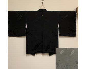 Vintage Black Silk Haori Jacket with Feathers | Japanese Kimono Jacket with Jumon Silk