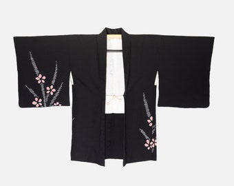 Vintage Black Haori (Kimono Jacket) with Pink shibori Japanese anemones