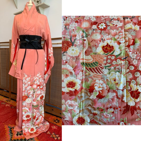 Vintage Pink Silk Jumon Kimono | Peacocks, Peonie… - image 1