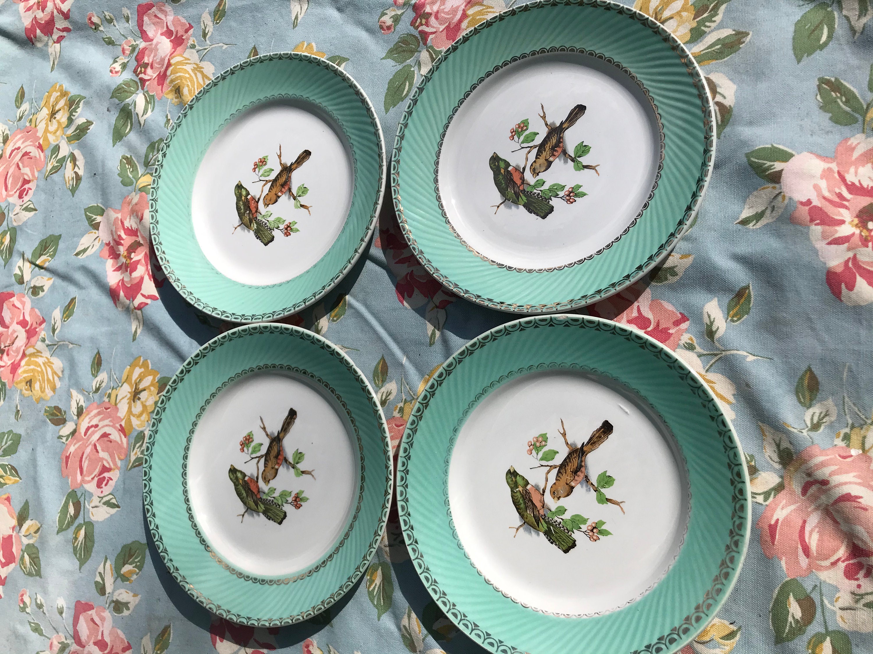 French dinner plates green with birds vintage cottage chic Etsy