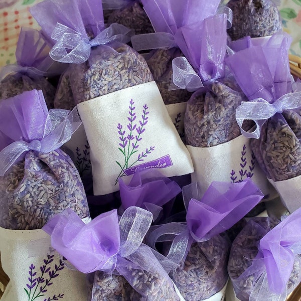 Lavender filled Sachet Bags.  Cotton and organza with lavender flower print. Showers, Wedding, favors, gifts, Drawer Sachets