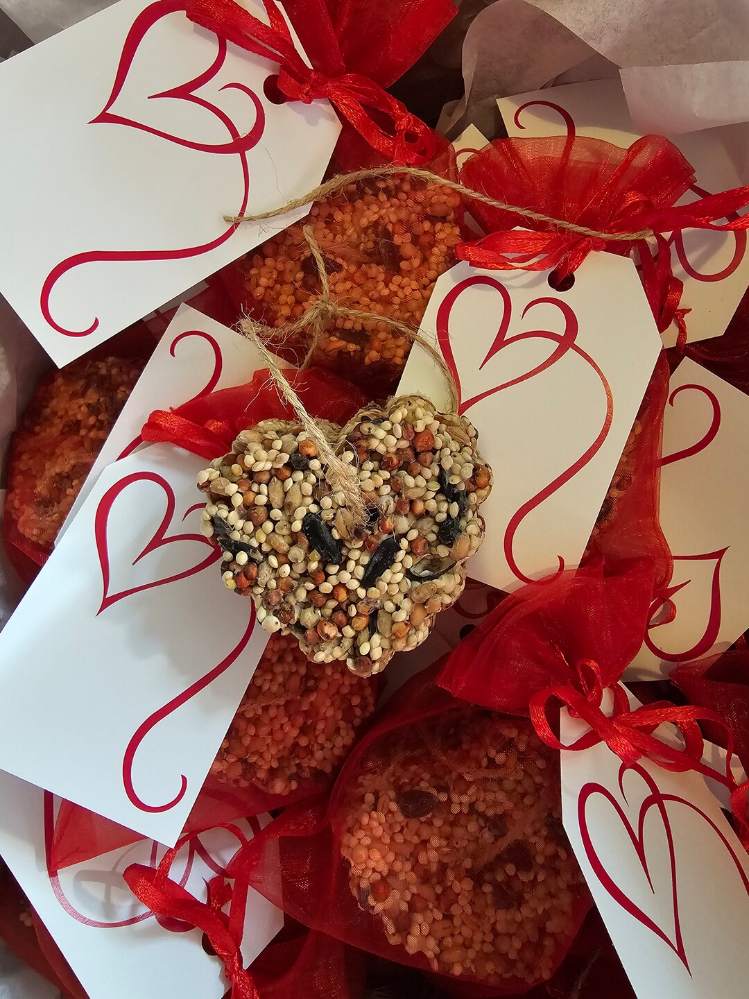 Bird Seed Feeders , Set of 3 Heart Bird Seed Hanging Ornaments. Bag and