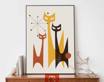 Cat print Mid Century Modern Cat Art Vintage Cat poster Retro Cat Print 70s Cat art Midcentury modern cat sputnik Cat art Cat lovers gift