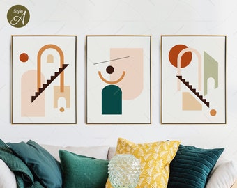 Set di 3 stampe astratte di arte moderna, stampe astratte da parete, stampe da parete di metà secolo, stampe moderne, stampe color verde acqua e ocra, stampe da parete di grandi dimensioni