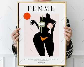 Black Woman Femme wall art | Feminist Mid-century modern woman poster, Black woman Gift, Vintage woman Poster, Midcentury modern decor