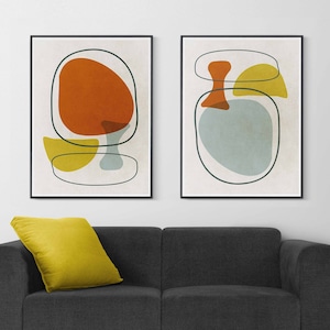 Modern Abstract wall art Mid century modern art SET of 2 yellow mustard art Scandinavian decor Retro Eames Nordic Decor Living Room Wall Art image 1