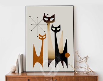 Siamese cat art |  Mid century Cat wall art cat Lover gift retro cat wall art Sputnik art Atomic Art Mid century modern art  mid century art
