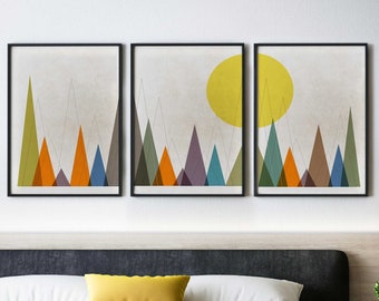 Large Mountain Prints Set Abstract Mid Century Modern Art Geometric Mountain wall art Scandinavian art Nordic Sun Print mid century wall art