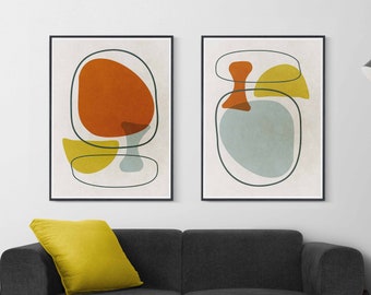 Modern Abstract wall art Mid century modern art SET of 2 yellow mustard art Scandinavian decor Retro Eames Nordic Decor Living Room Wall Art