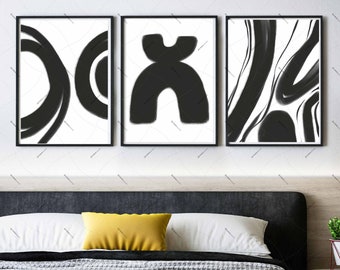 Bold Black Mid Century Modern Art Set of 3 - Black and white art, Black brush Art, Minimalist Wall Art bold mid century art Neutral bold art