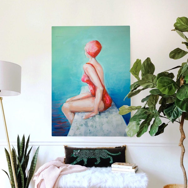 Wystrój retro retro kobieta sztuka pływaczki sztuka Wystrój w stylu Mid-century Modern Wystrój z lat 70. Mid-century Modern Vintage kobieta Sztuka ścienna Wystrój basenu Wystrój plaży