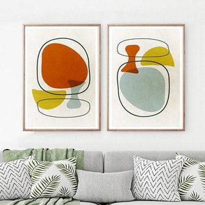 Modern Abstract wall art Mid century modern art SET of 2 yellow mustard art Scandinavian decor Retro Eames Nordic Decor Living Room Wall Art image 2