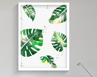 Monstera Art print - Tropical Decor Botanical Print, Living Room Wall Art, Home Decor Gift, Houseplant Paintings, Plant Posters, Leaf Prints