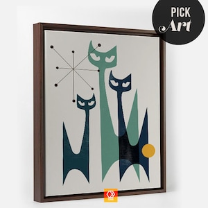 May include: A framed print of a mid-century modern abstract art design featuring three stylized cats in shades of blue and green against a light gray background. A yellow circle is in the lower right corner of the print.