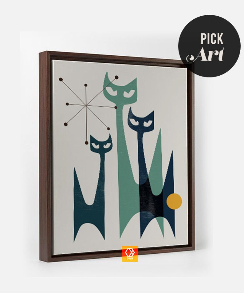 May include: A framed print of a mid-century modern abstract art design featuring three stylized cats in shades of blue and green against a light gray background. A yellow circle is in the lower right corner of the print.