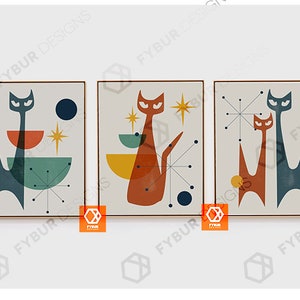 Mid Century Modern wall art Set Cat art Mid-Century Modern Art Set Cat decor Cat Print Black Cat Lover Gift Mid century cat Wall Art