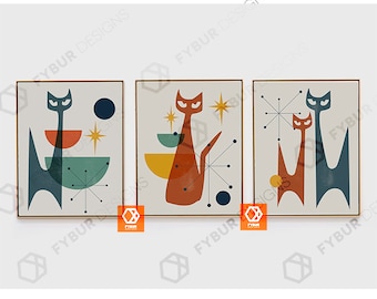 May include: Three abstract mid-century modern style wall art prints featuring stylized cats with geometric shapes and colors. The prints are framed in brown wood frames.