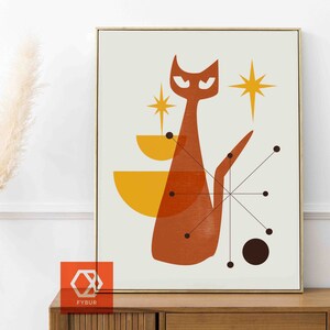 May include: A mid-century modern style abstract art print featuring a stylized orange cat with yellow geometric shapes and black dots on a cream background.