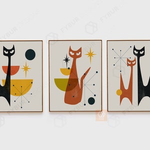 Black Mid Century Modern Cat Wandkunst Set Cat Art Mid-Century Cat Art Set Katzendekor Katzendruck Black Cat Lover Geschenk Mid Century Katze Wandkunst