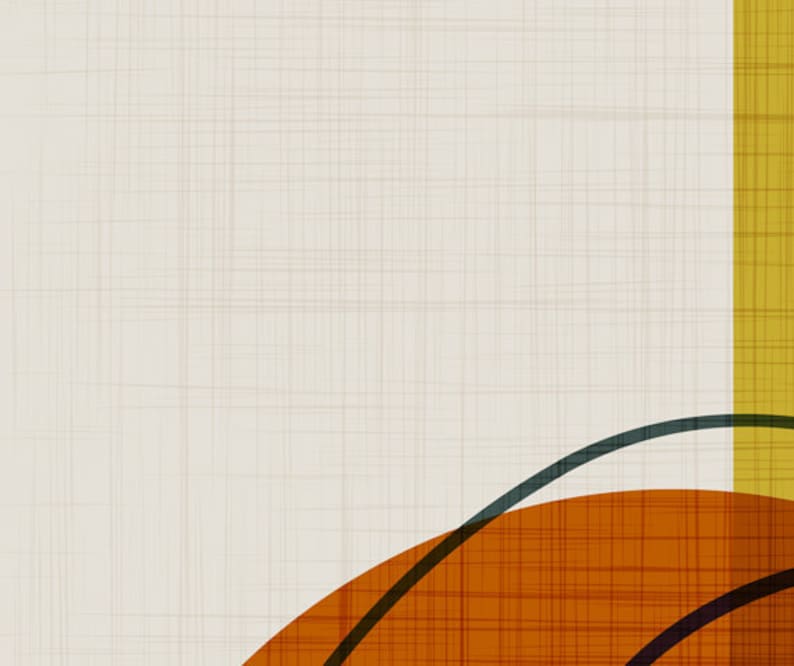 Op de afbeelding: Abstract geometrisch ontwerp op een textuur achtergrond. Het ontwerp heeft een geel, oranje en bruin kleurenschema met overlappende cirkels en lijnen.