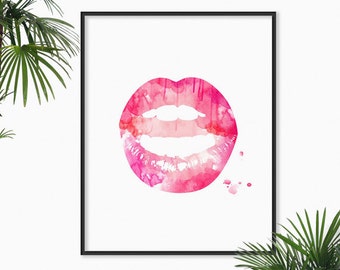 Lips Print Watercolor Lips Art Lips Art Lipstick mark Paris Home Decor Pink Lips Decor, sexy Lips Wall Decor, Kiss art, Fashion, Lips poster