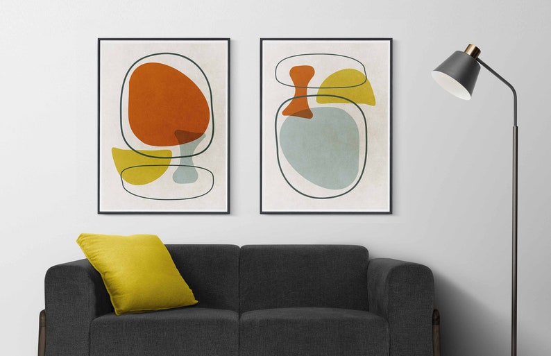 Modern Abstract wall art Mid century modern art SET of 2 yellow mustard art Scandinavian decor Retro Eames Nordic Decor Living Room Wall Art image 1