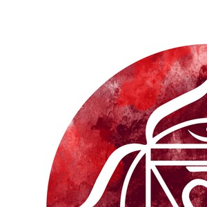 May include: A watercolor-style design featuring a partial view of a red, textured circle with white, stylized calligraphy and geometric shapes. The design has a spiritual or artistic theme.