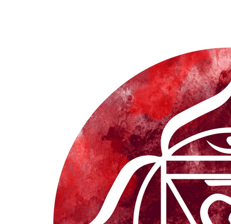 May include: A watercolor-style design featuring a partial view of a red, textured circle with white, stylized calligraphy and geometric shapes. The design has a spiritual or artistic theme.
