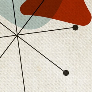 May include: Abstract mid-century modern art print featuring a red and blue organic shape with black lines radiating from a central point.