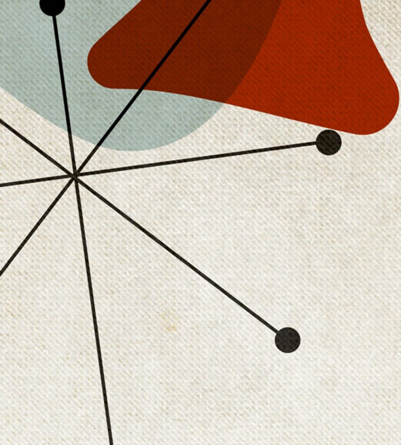 May include: Abstract mid-century modern art print featuring a red and blue organic shape with black lines radiating from a central point.
